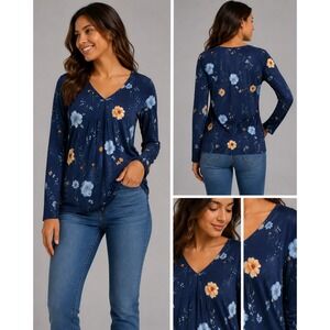 Unbranded Floral V-Neck Blouse Womens Large Navy Blue Pleated Long Sleeve Top